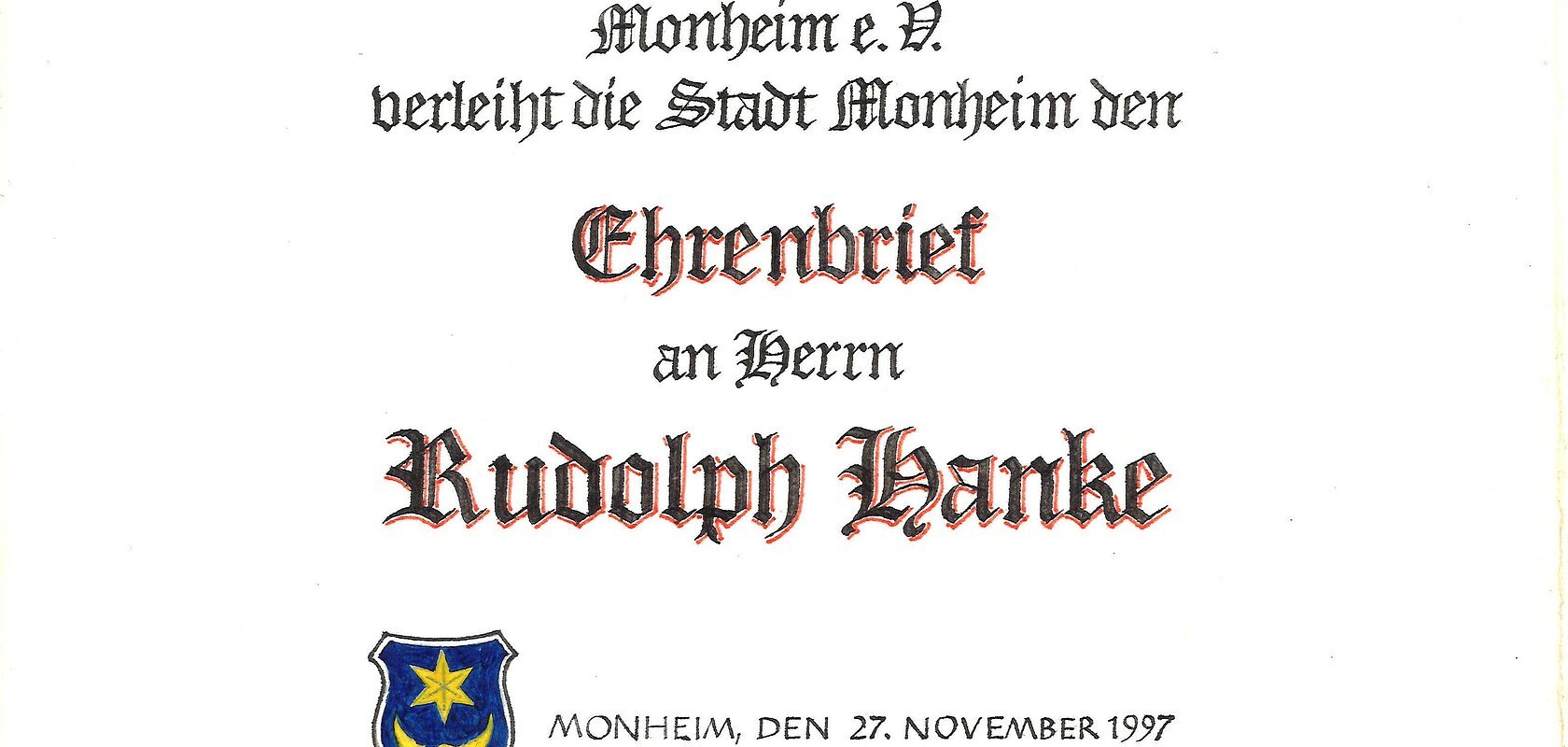 Ehrenbrief der Stadt Monheim Herrn Rudolph Hanke