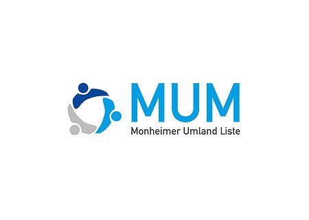 Logo der MUM - Monheimer Umland Liste Logo der Monheimer Fraktion MUM - Monheimer Umland Liste, mit drei stilisierten Figuren in blau und grau. Rechts davon der Text "MUM Monheimer Umland Liste".