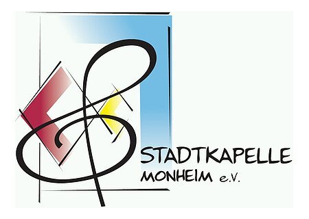 Logo der Stadtkapelle Monheim e.V. Logo der Stadtkapelle Monheim e.V. mit stilisiertem Notenschlüssel und geometrischen Formen in Rot, Gelb und Blau.