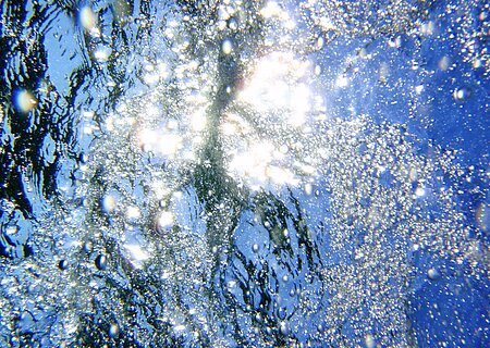 Wasser & Licht (wikipedia.org) Lichtreflexionen und Luftblasen unter Wasser, mit blauem Himmel über dem Wasser.