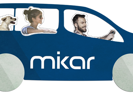 Car-Sharing mikar Blaues Auto mit zwei Personen und einem Hund, auf dem Auto der Schriftzug "mikar" auf der Seite. Fahrer hält das Lenkrad.