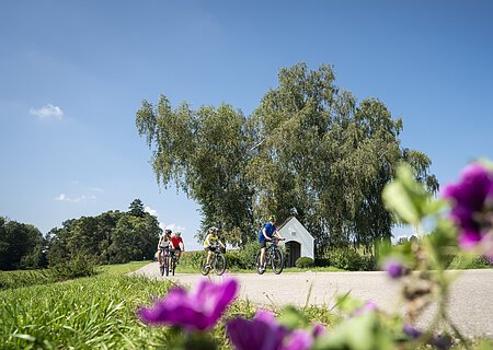 Kapelle Warching, Monheim Drei Personen fahren auf Fahrrädern auf einem Weg, im Hintergrund Bäume und eine kleine Kapelle. Im Vordergrund unscharfe Blumen.