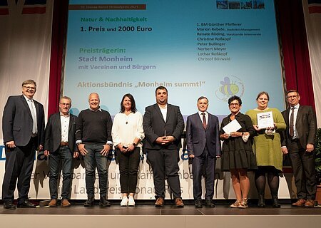 Preisverleihung 10. Donau-Rieser Heimatpreis - Fotograf: Szilvia Izso Eine Gruppe von neun Personen steht auf einer Bühne. Im Hintergrund ist eine Leinwand mit Text über einen Preis für Natur und Nachhaltigkeit. Links und recht von der Leinwand ein weißer Vorhang. Zwei Personen halten ein Dokument in den Händen.