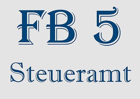 FB5 - Steueramt Logo des Fachbereichs 5 der Verwaltungsgemeinschaft Monheim. Text "FB 5 Steueramt" in blauer Schrift auf grauem Hintergrund.