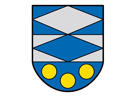 Wappen Warching Das Wappen des Monheimer Stadtteils Warching. Auf dem Wappen ist eine graue Raute auf blauem Hintergrund und eine blaue Raute auf grauem Hintergrund, mit einem hellblauem Punkt in der Mitte der Raute zu sehen. Unten auf dem Wappen sind drei gelbe Kreise auf blauem Hintergrund zu sehen.