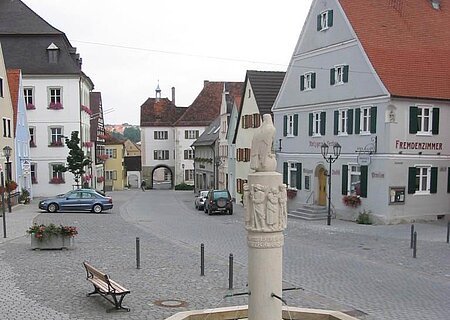 Der Stadtbrunnen in Monheim Im Vordergrund ein grauer achteckiger Brunnen aus Jura-Stein mit einer Säule und einer darauf Sitzenden Skulptur des Adlers. Brunnen ist mit Wasser befüllt auf einem gepflastertem Platz mit Häusern und parkenden Autos am Straßenrand. Blumen links unten im Bild im Vordergrund.