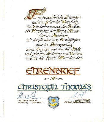 Christoph Thomas Ehrenbrief Verleihung am 20. Januar 2010 Ehrenbrief der Stadt Monheim für Christoph Thomas, unterschrieben von Christoph Thomas und Anton Ferber, aus dem Jahr 2010.