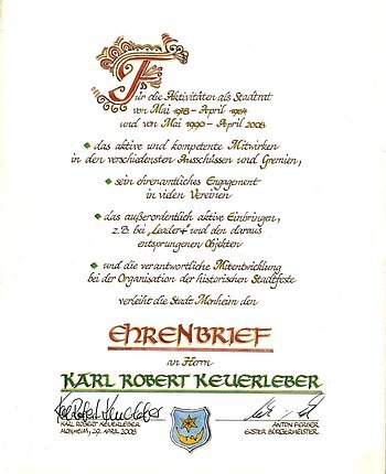 Karl Robert Keuerleber Ehrenbrief Verleihung am 29. April 2008 Ehrenbrief der Stadt Monheim an Karl Robert Keuerleber für Stadtratstätigkeiten von 1978 bis 2008 mit Unterschriften und Wappen der Stadt Monheim.