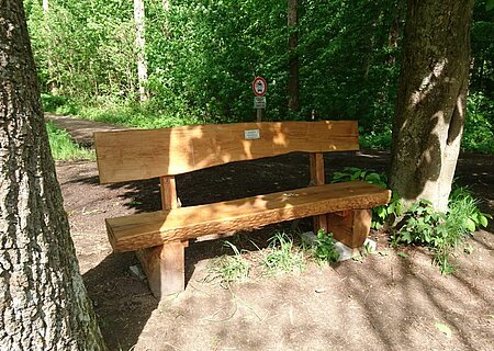 Neue Ruhebank am Abtissenweiher gestiftet vom Fischereiverein Braune Holzbank zwischen zwei Bäumen auf Waldweg, mit Verbotsschild im Hintergrund.