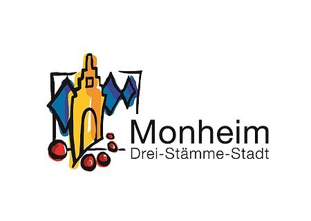 Logo der Drei-Stämme-Stadt Monheim Logo der Stadt Monheim mit stilisiertem gelben Gebäude auf der linken Seite, blauen Rauten hinter dem Gebäude und roten Kreisen darunter. Text: "Monheim Drei-Stämme-Stadt" rechts neben der Zeichnung des Gebäudes. Weißer Hintergrund