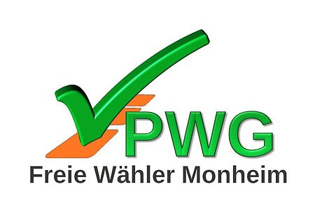 Logo der PWG - Freie Wöhler Monheim Logo der PWG Monheim: rechts im Bild steht PWG in grüner Schrift, darunter der Schriftzug Freie Wähler Monheim mit einem grünem Haken und drei orangefarbenen Rechtecken.