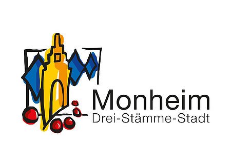 Logo der Drei-Stämme-Stadt Monheim Logo der Stadt Monheim mit stilisiertem gelben Gebäude, blauen Rauten und roten Kreisen. Text: "Monheim Drei-Stämme-Stadt".