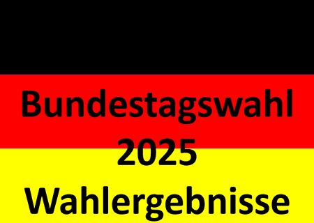 Bundestagswahl 2025 Wahlergebnisse Schriftzug Bundestagswahl 2025 Wahlergebnisse vor Deutschlandflagge in den Farben Schwarz, Rot, Gelb.