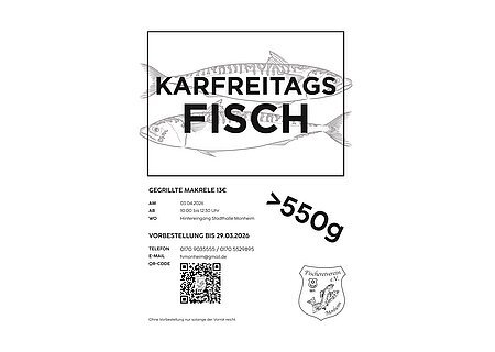 Karfreitags Fischverkauf 03.04.2026 Schwarze Zeichnung von zwei Fischen mit Text „Karfreitags Fisch“ und Infos zu gegrillter Makrele am 03.04.2026 in Monheim.