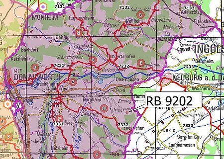 LDBV-Karte Höhenmessungen Kartenausschnitt mit Gebiet RB 9202, markiert durch violette Umrandung, zeigt Orte und Straßen im süddeutschen Raum.